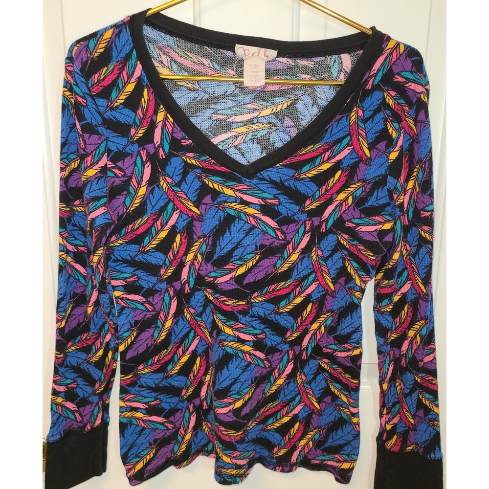 Vtg Y2K Juniors Ocean Pacific Feather Print Shirt XL 15-17 Thermal Waffle Weave
